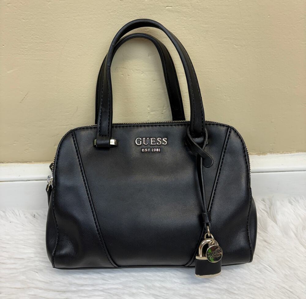 Guess Shawna Small Cali Black Leather Satchel Padlock Charm